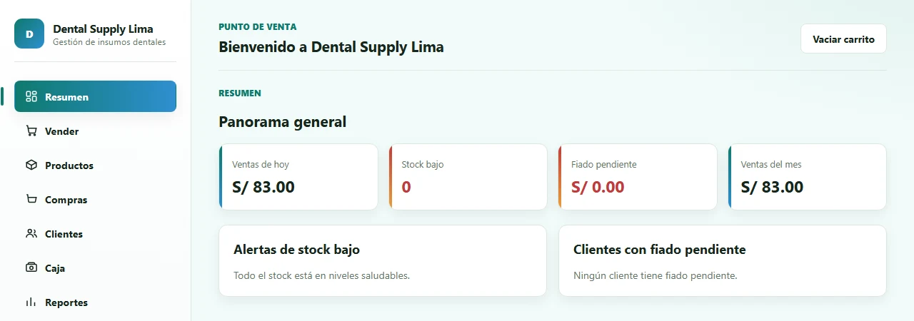 Pantalla del sistema de insumos dentales: catálogo, pedidos y stock